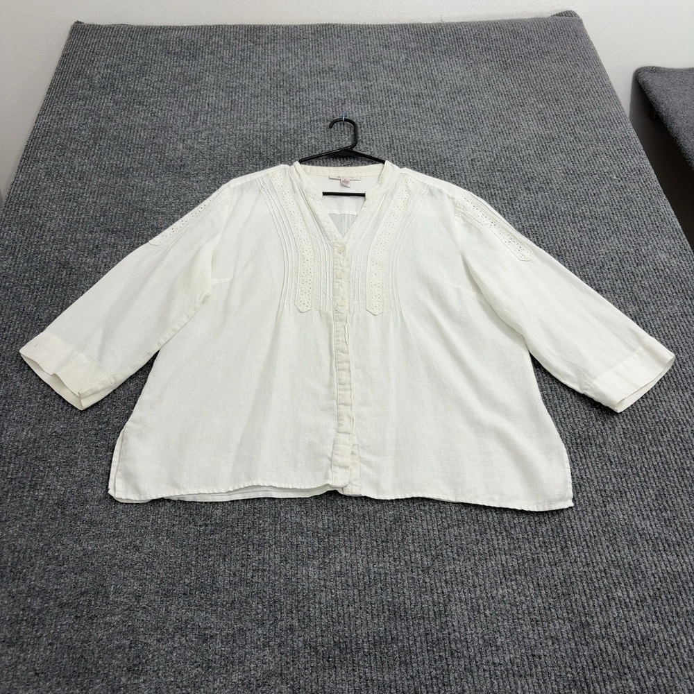 JM Collection Blouse Womens 16 White Linen Eyelet Pintuck Button Down Boho Style